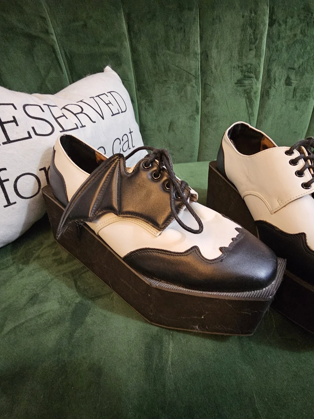 Iron Fist Black & White Platform Wingtip Oxfords with Bat Wing Detail